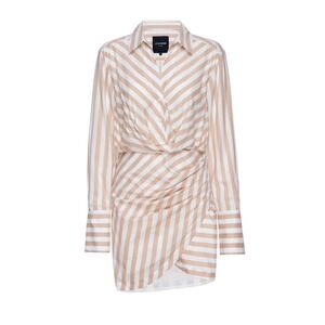 LE SUPERBE Striped Twist Front Shirt Dress Tan White Long Sleeve $395 retail